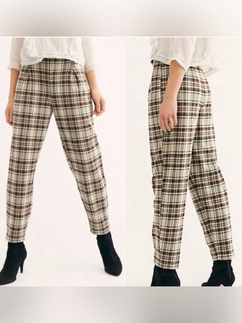 Free People Brecan Plaid High Waisted Oversized Plaid Trouser Pants S Brown